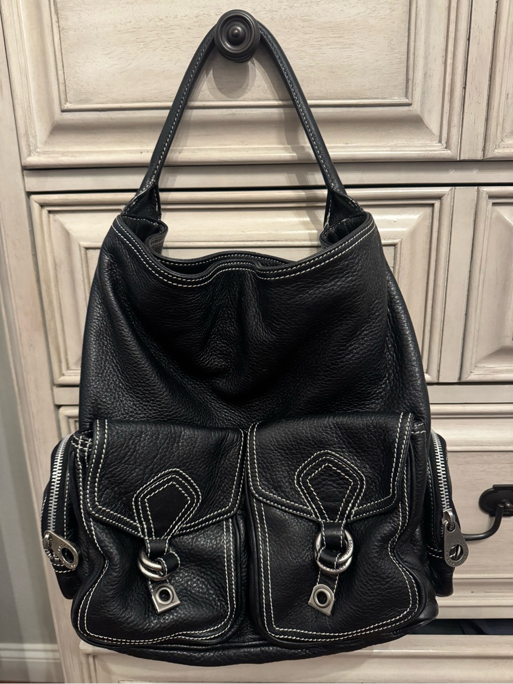 Marc by Marc Jacobs Black Leather Shoulder Bag with White Stitching